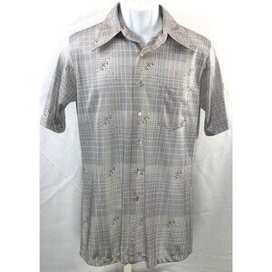 Vintage Chemise ButtonUp Shirt M Gray Geo Silky point collar Retro 70s Disco